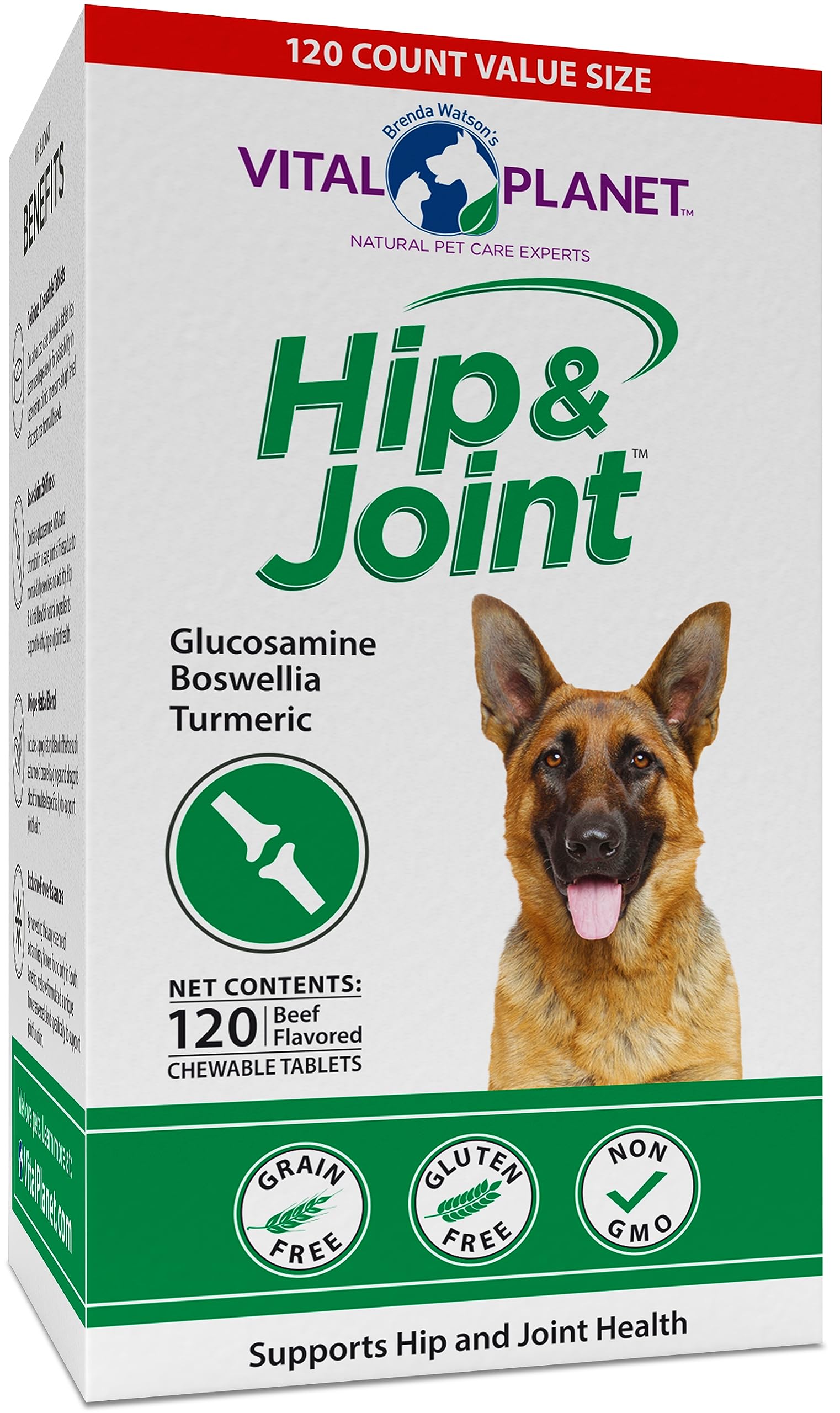 Vital Planet Hip and Joint bottle front shows a natural dog joint supplement for mobility.