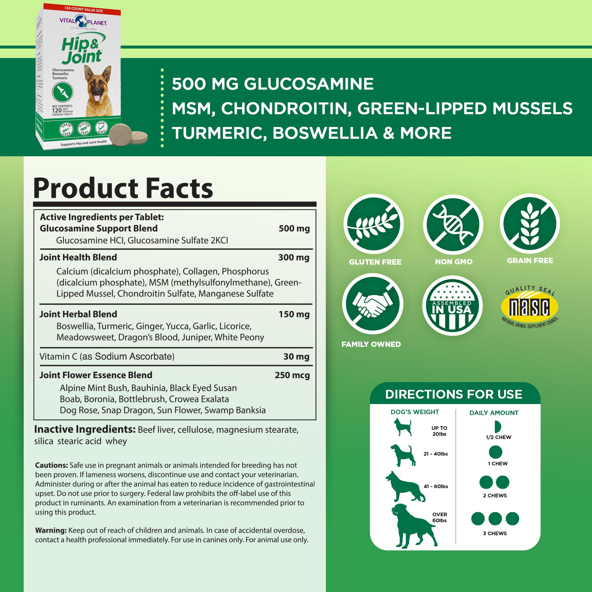 Vital Planet hip and joint ingredients scene highlights green-lipped mussel and glucosamine for joint care.
