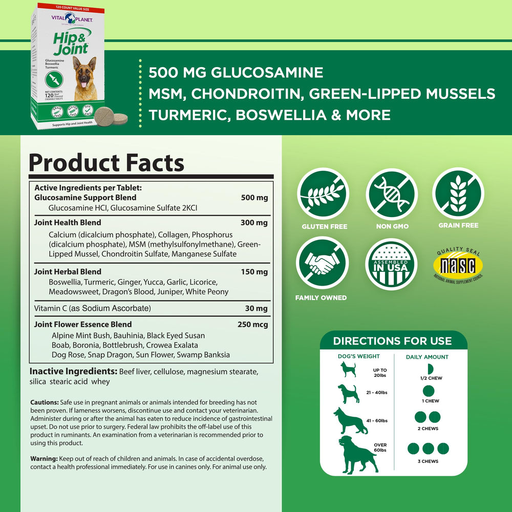 Vital Planet hip and joint ingredients scene highlights green-lipped mussel and glucosamine for joint care.