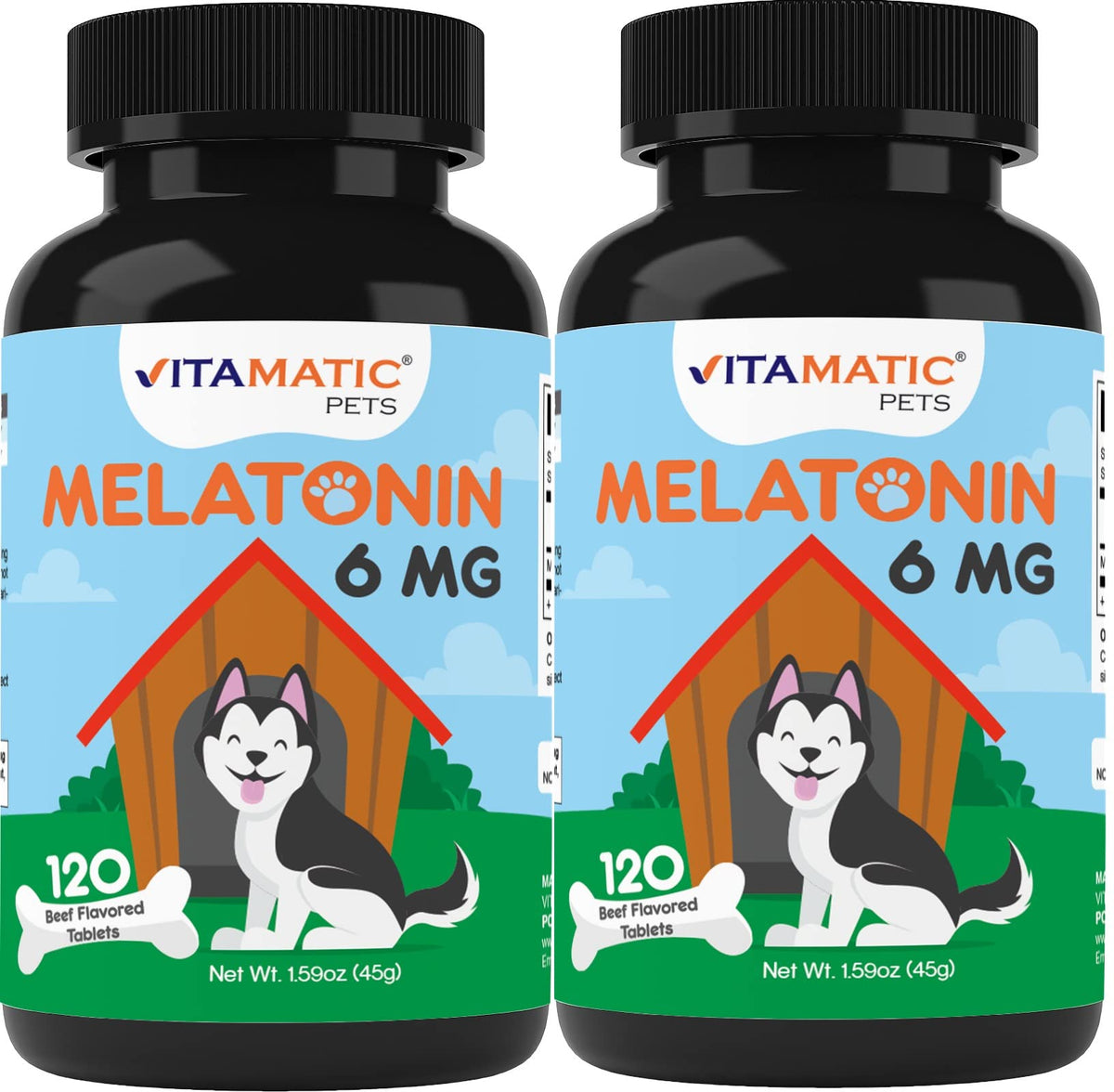 Vitamatic Melatonin for Dogs bottle front with beef-flavored chews for calmer travel.