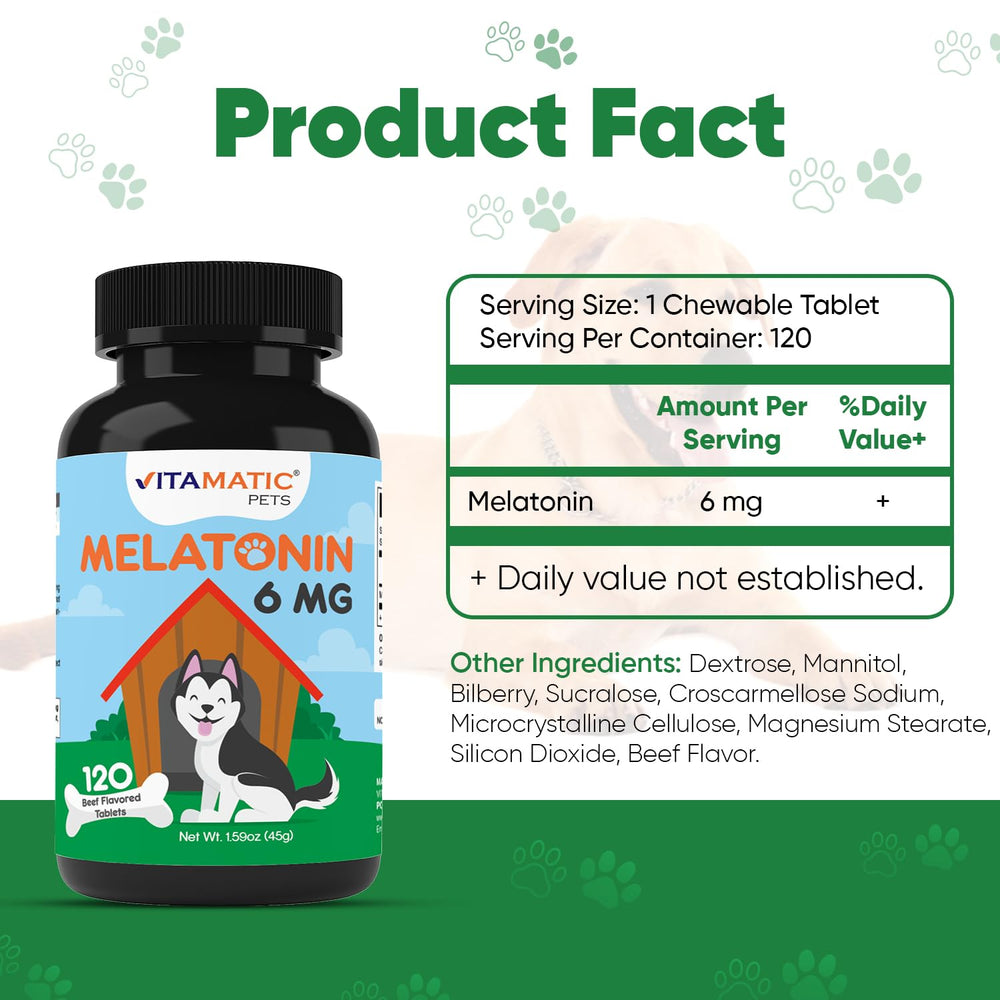 Closeup of Vitamatic Melatonin dog chews highlighting beef flavor and palatability.