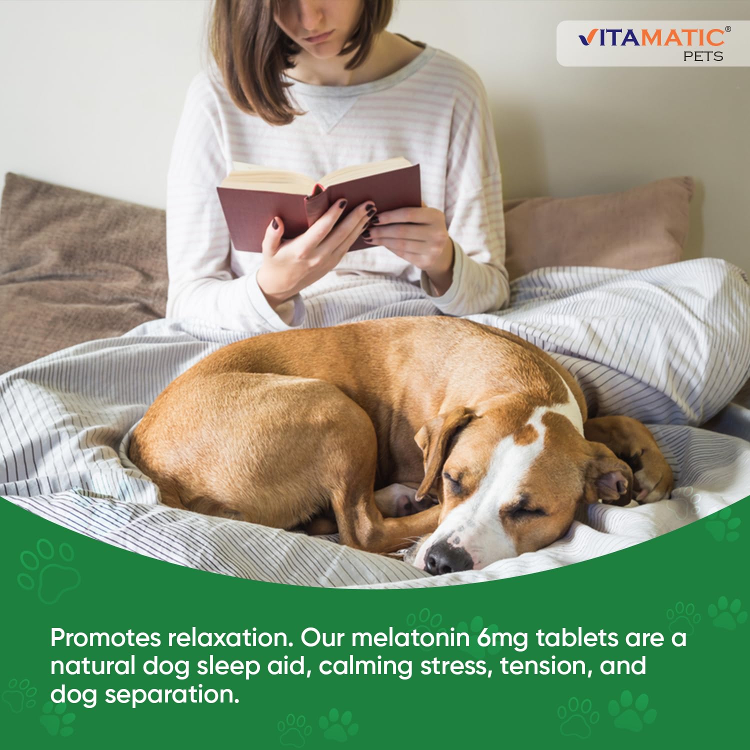 Travel-friendly Vitamatic Melatonin bottle shown for trips with pets.