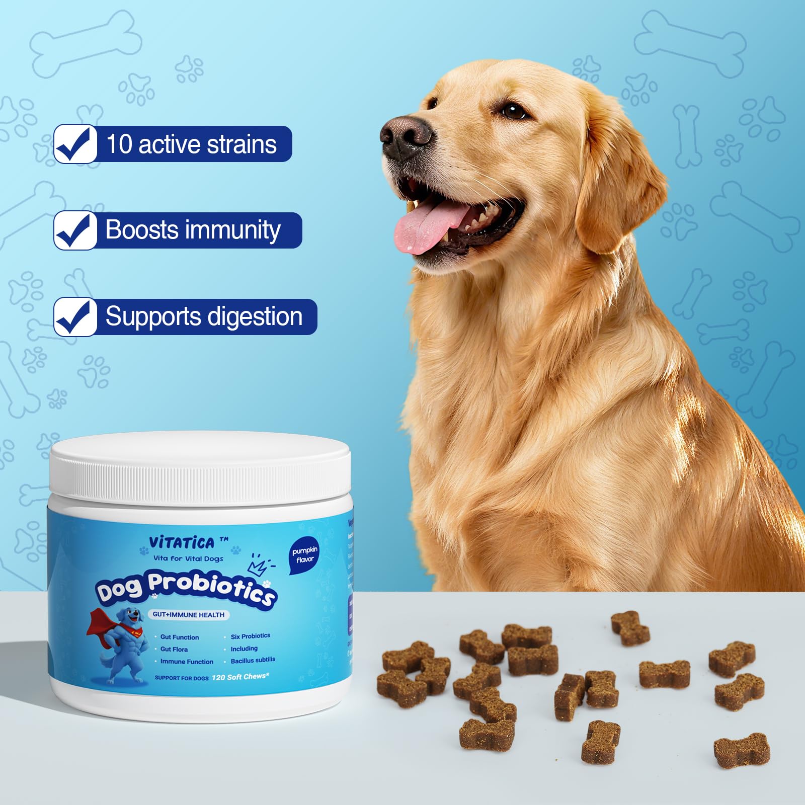 VITATICA Premium Probiotics for Dogs chews close-up highlight pumpkin flavor and gut support