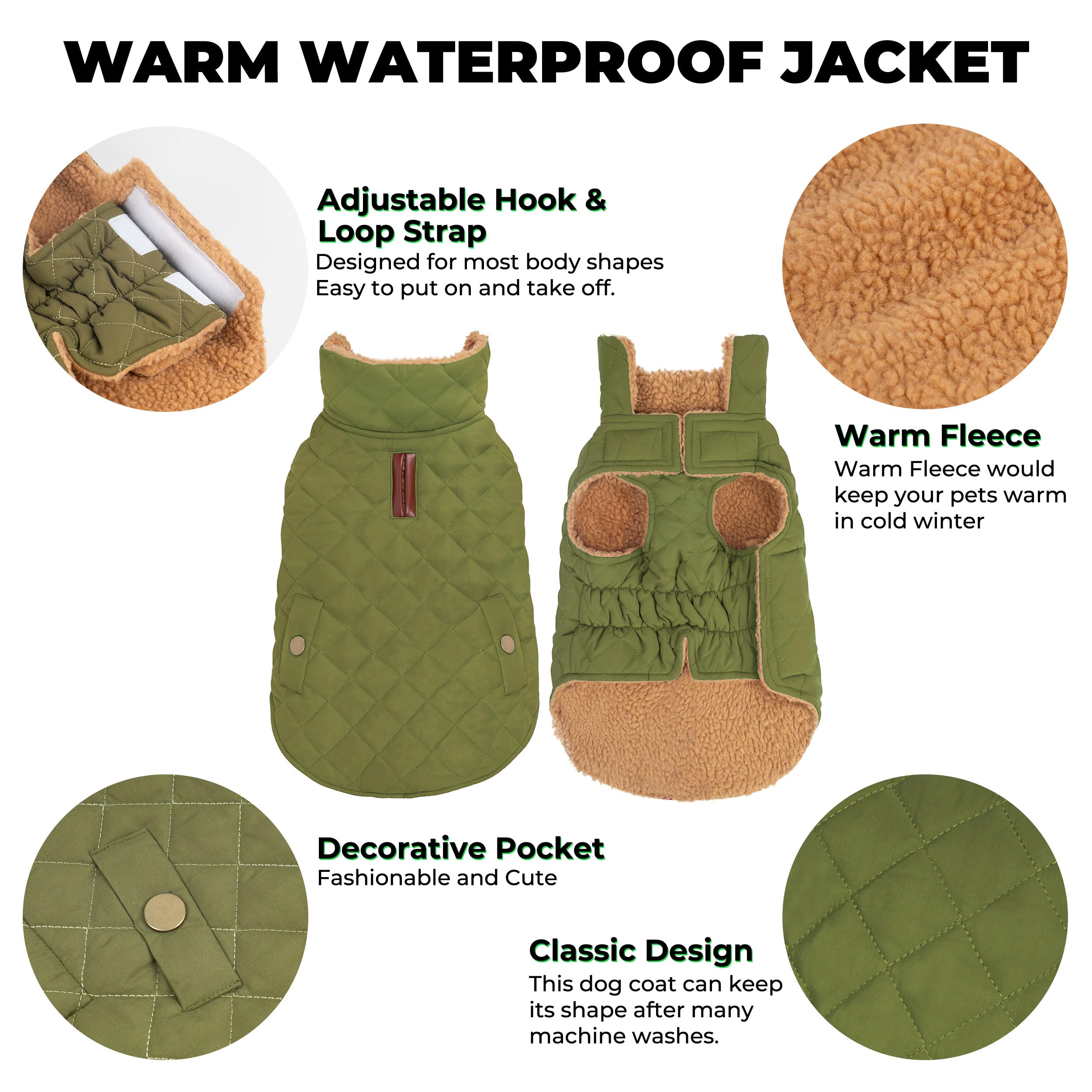 Vitiswap dog winter coat adjustable Velcro neck and belly for quick on/off.