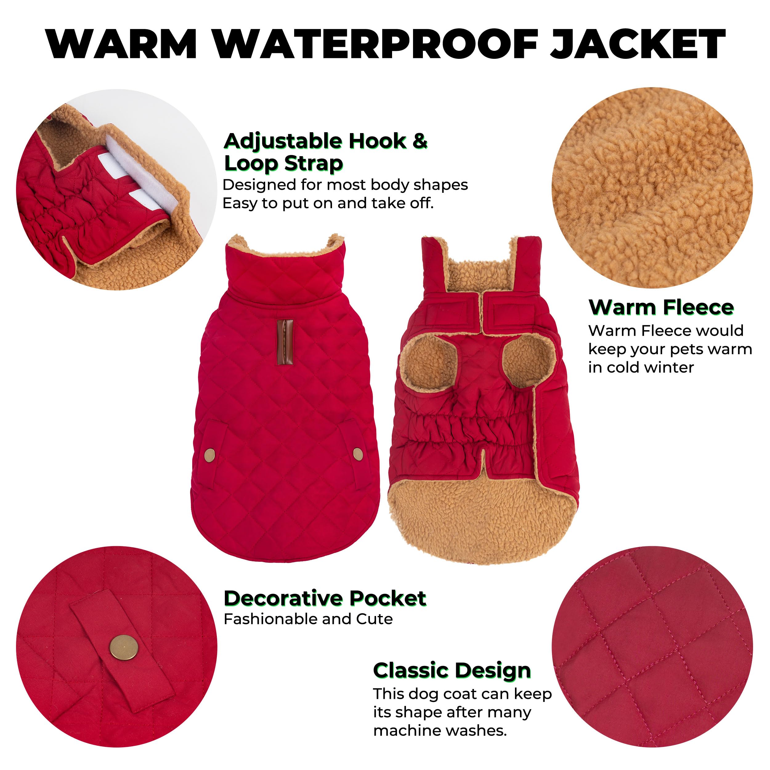 Vitiswap dog winter coat back leash hole enables safe leash attachment.