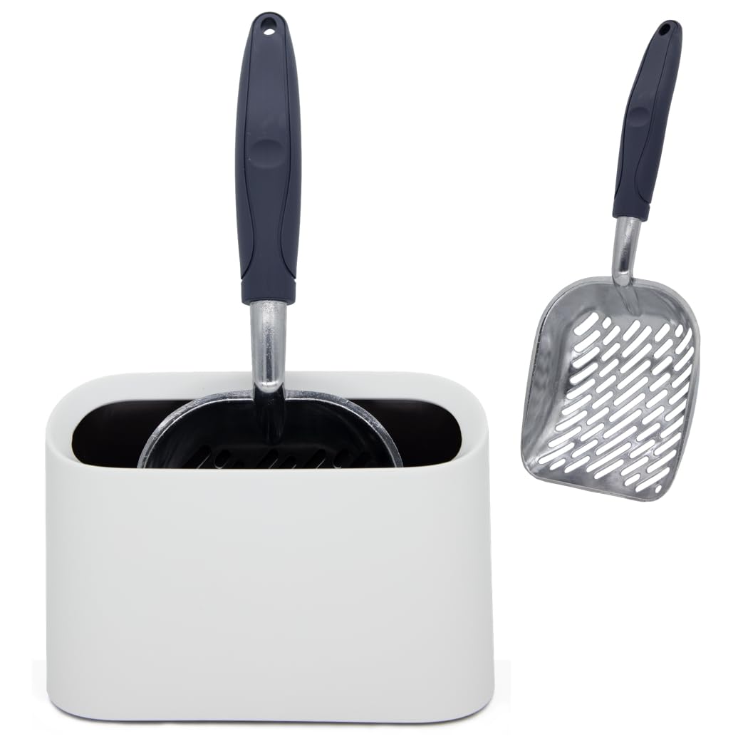 Vitisyao heavy-duty metal cat litter scoop with holder in white offering durable use and tidy storage