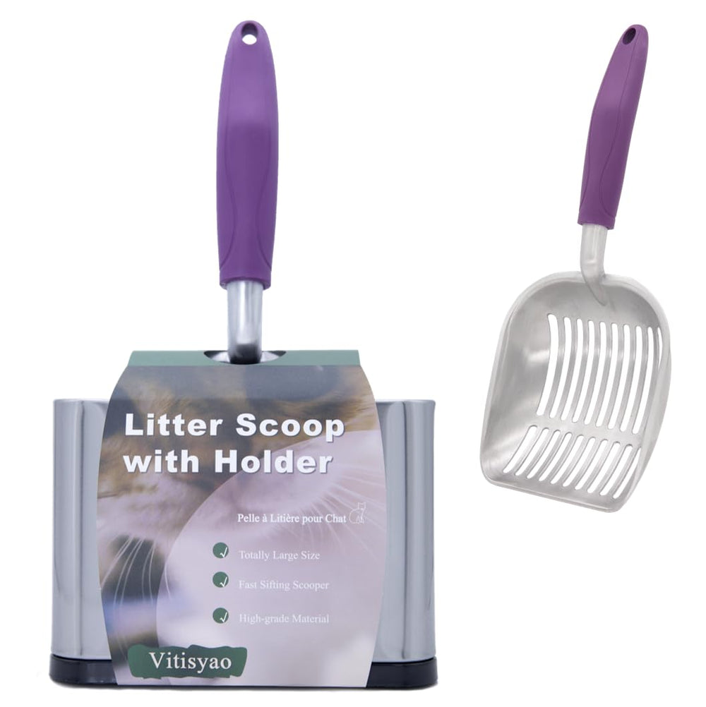 Vitisyao metal heavy-duty cat litter scoop with holder for quick cleanup and organized storage.