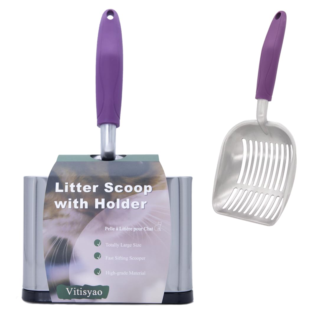 Vitisyao metal heavy-duty cat litter scoop with holder for quick cleanup and organized storage.