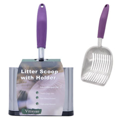 Vitisyao metal heavy-duty cat litter scoop with holder for quick cleanup and organized storage.