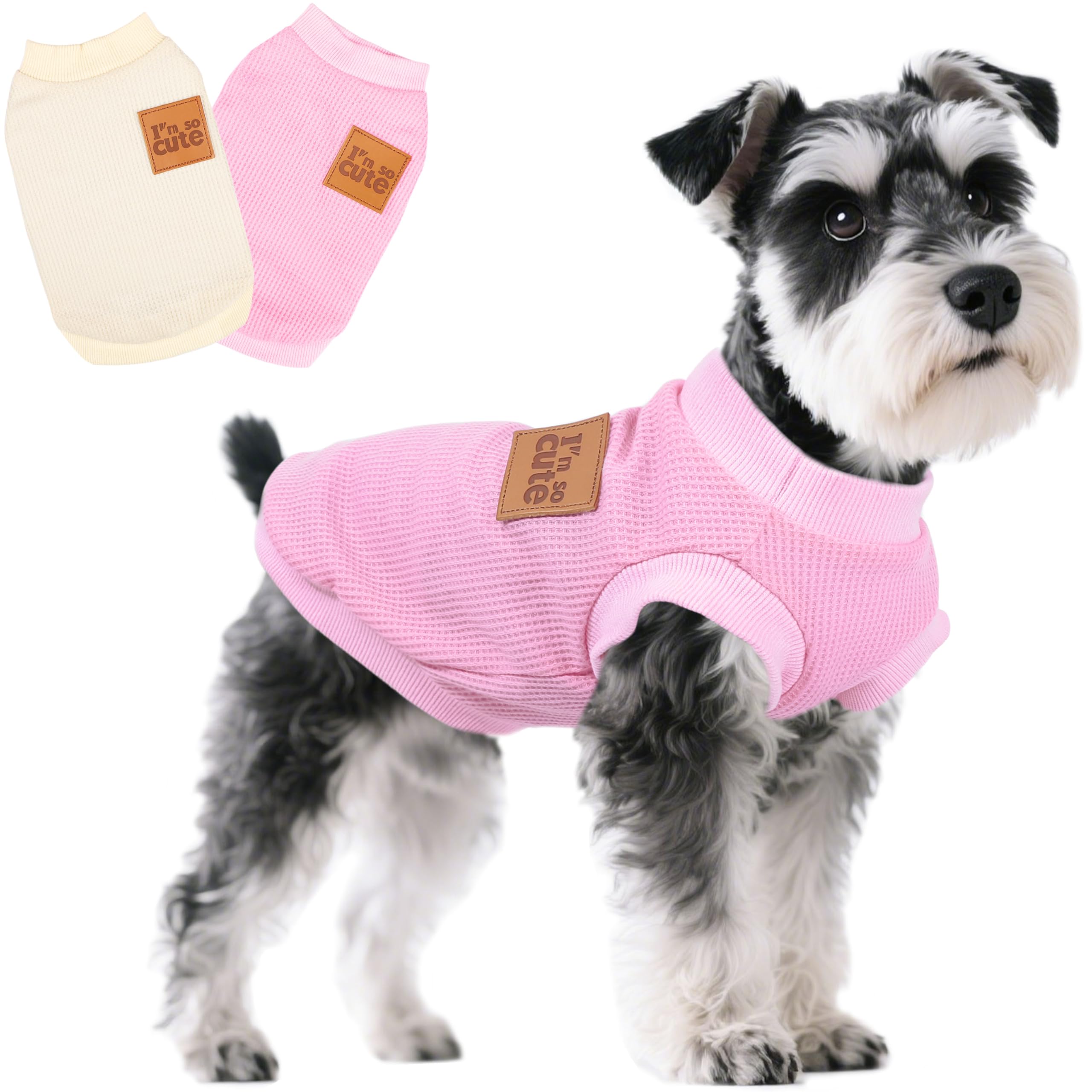 Viunimo two-pack dog shirt pink-beige front view shows breathable waffle fabric for summer wear.