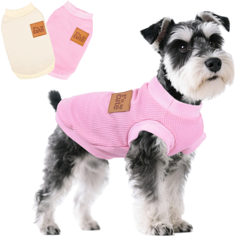 Viunimo two-pack dog shirt pink-beige front view shows breathable waffle fabric for summer wear.