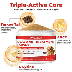 VivaElixir dog lipoma support image highlights skin-friendly mix-in powder for comfort.