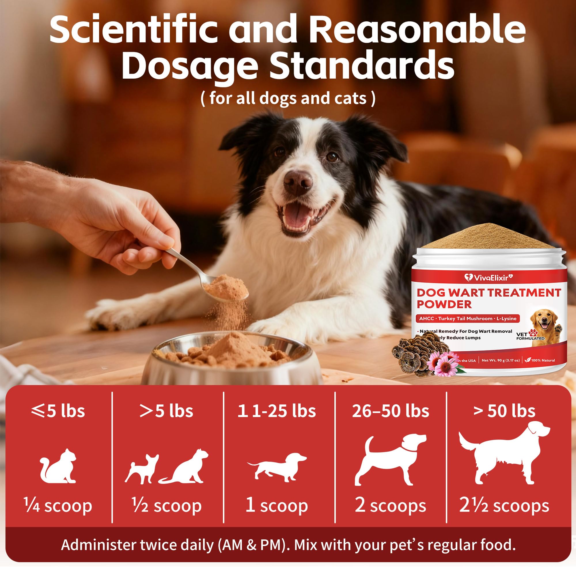 VivaElixir dog powder image shows tasty chicken flavor ideal for picky eaters.