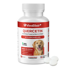 VivaElixir quercetin-bromelain bottle front label supports skin comfort and immunity.