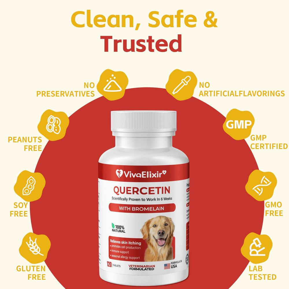 VivaElixir dog with leaf sample conveys sensitivity relief and seasonal support.