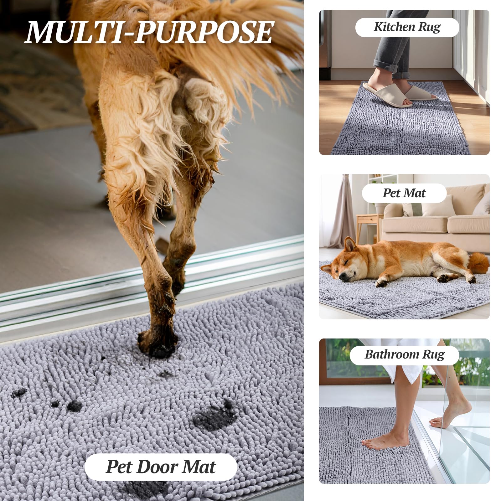 VIVAGLORY dog door mat easy-cleaning demonstrates simple shake, vacuum, or wash
