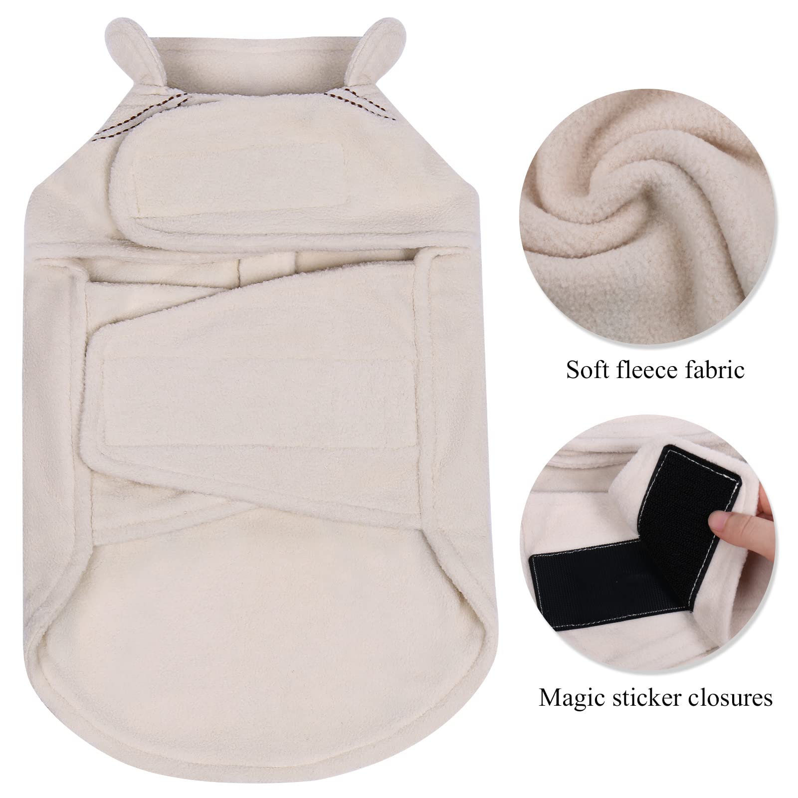 VIVAGLORY dog fleece coat beige XS back view with reflective trim.