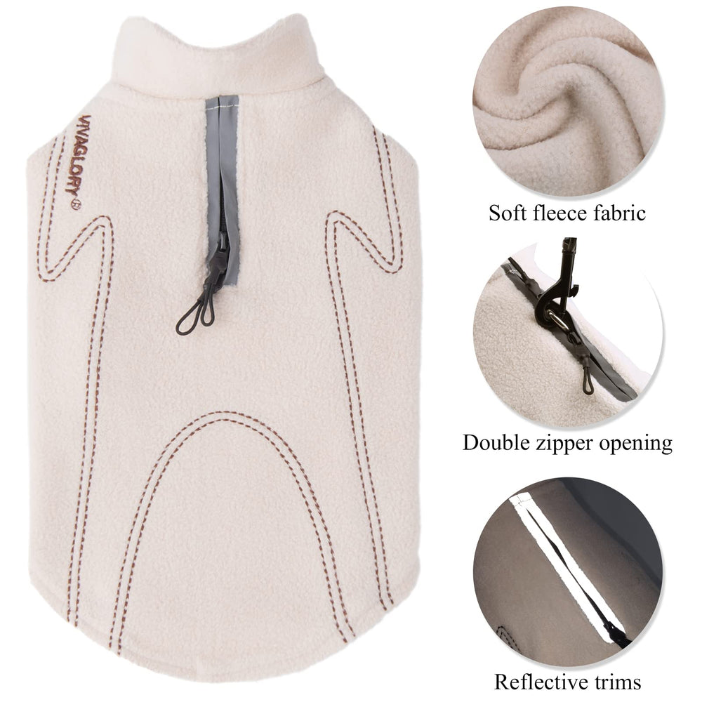 VIVAGLORY dog fleece coat beige XS side view with leash hole.