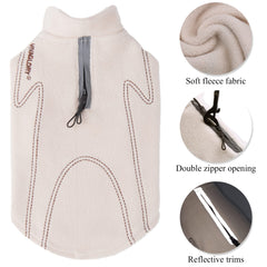 VIVAGLORY dog fleece coat beige XS side view with leash hole.