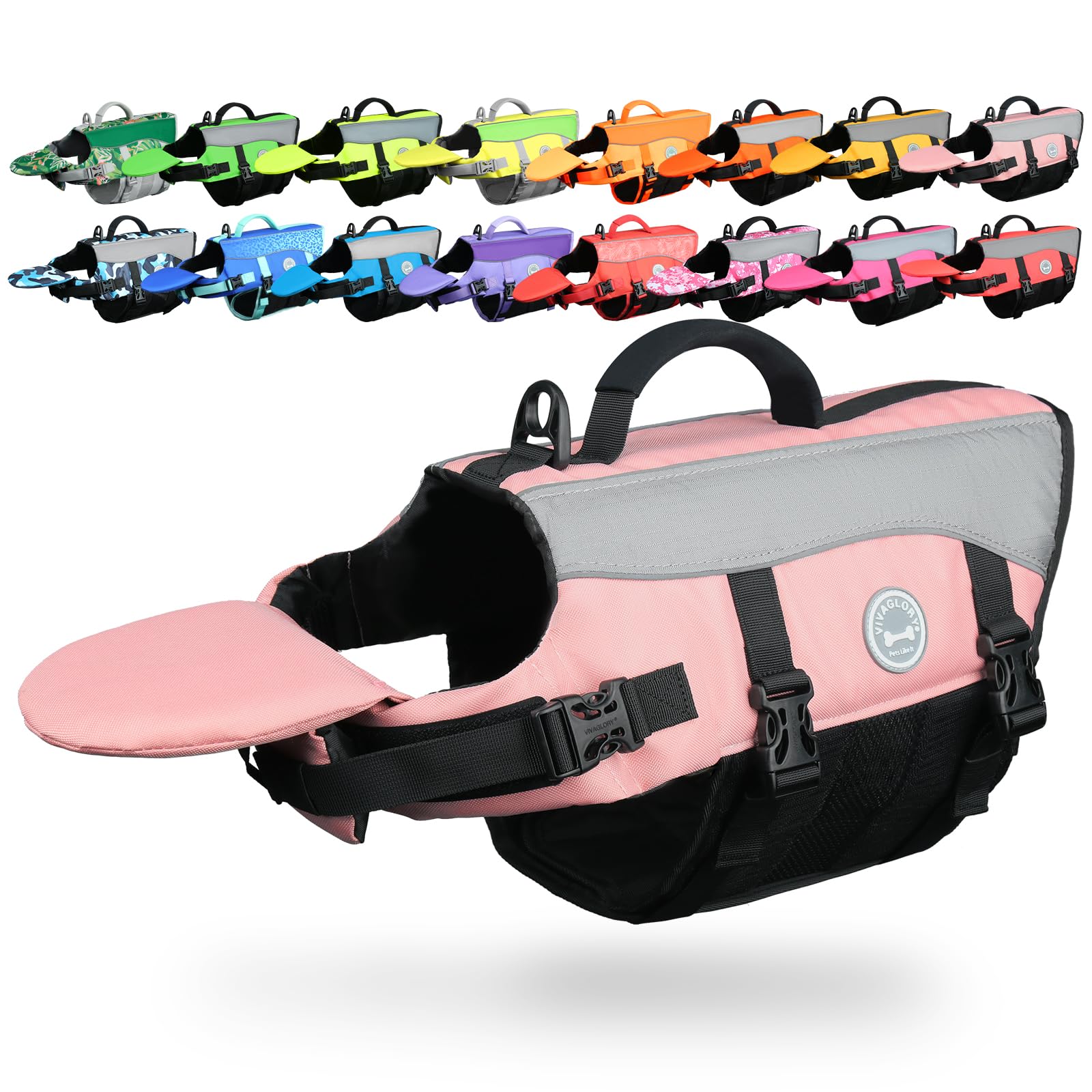 VIVAGLORY dog life jacket with removable front float reduces neck pressure for comfortable swimming.