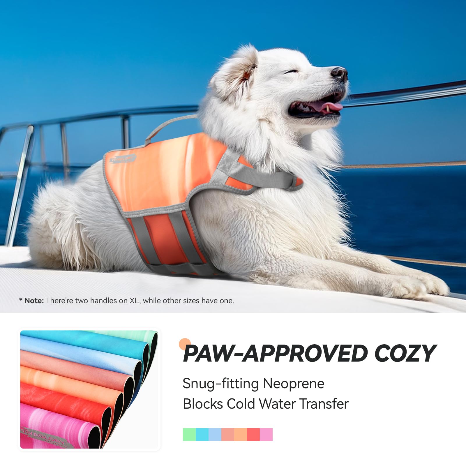 VIVAGLORY dog life vest handle closeup highlights quick water rescue support.