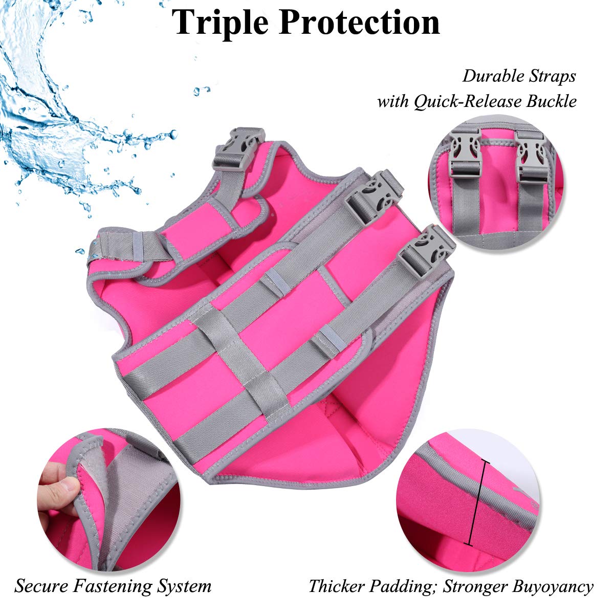 VIVAGLORY pink life vest D-ring enables secure leash attachment