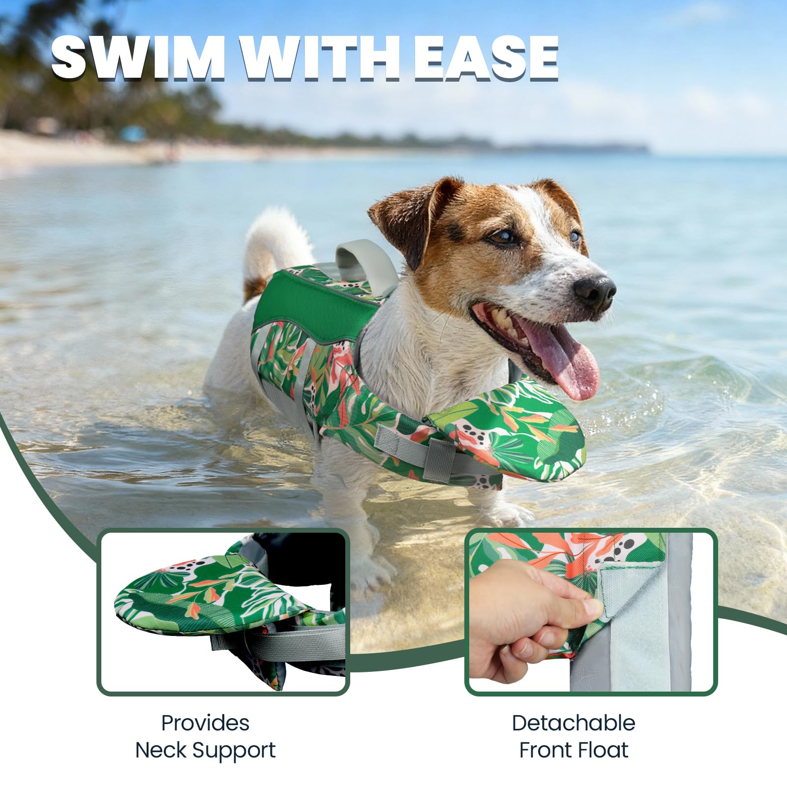 VIVAGLORY dog life vest with reflective trim improves low light visibility.