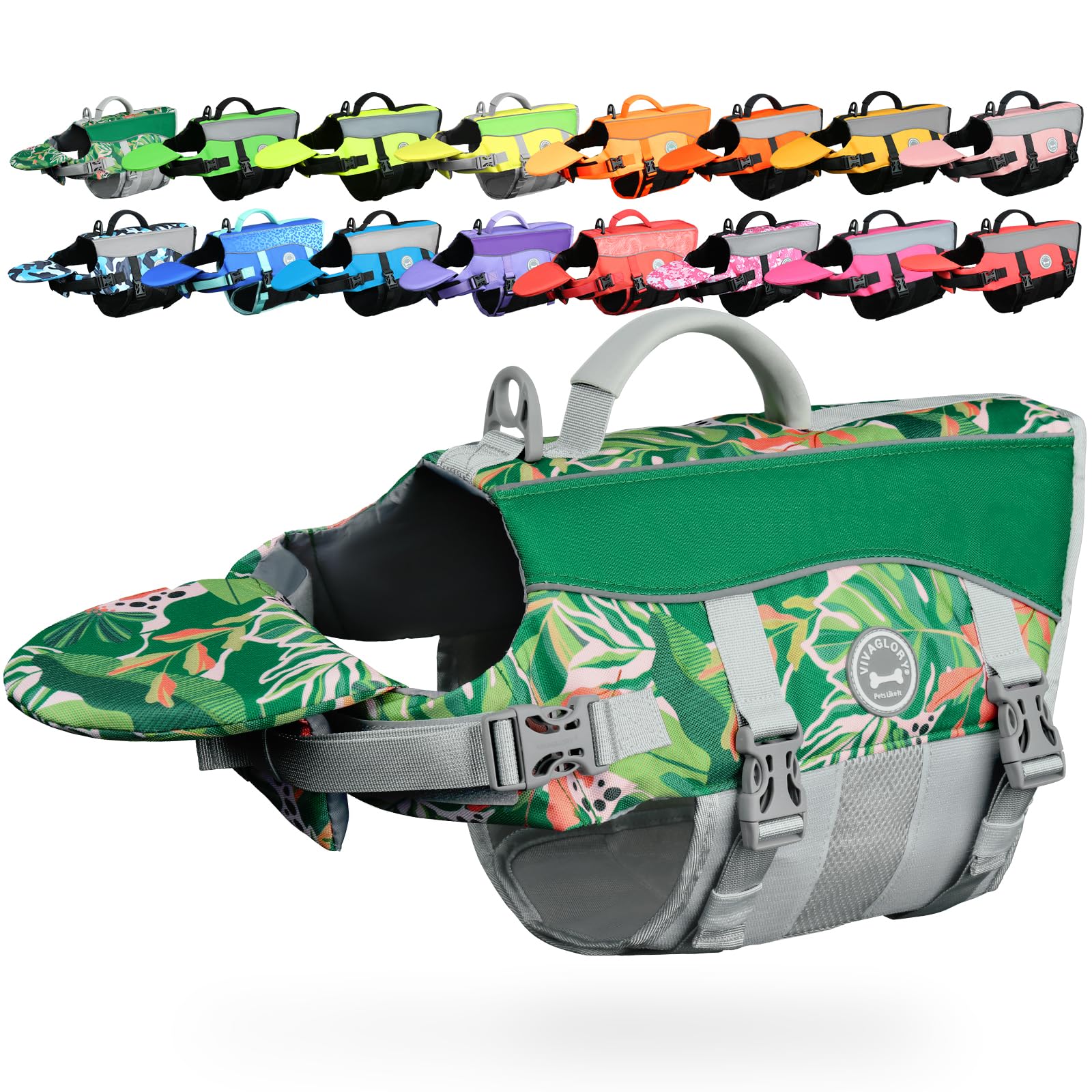 VIVAGLORY front float dog life vest with chin support for first-swim comfort.