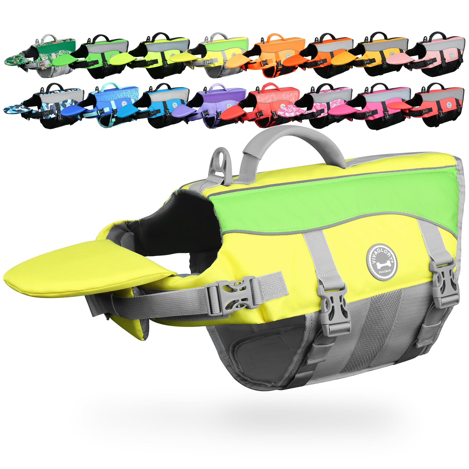 VIVAGLORY front float dog life vest shows neck support for new swimmers