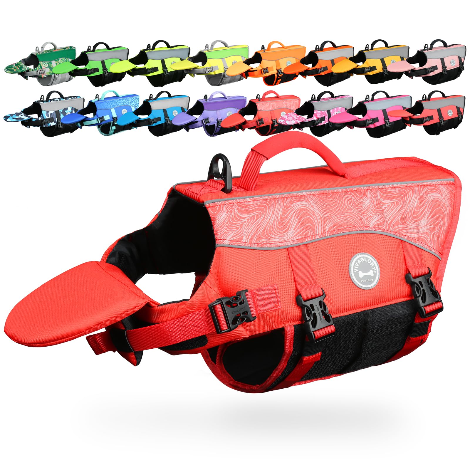 VIVAGLORY front float dog life vest in red showing neck support for confident swimming.