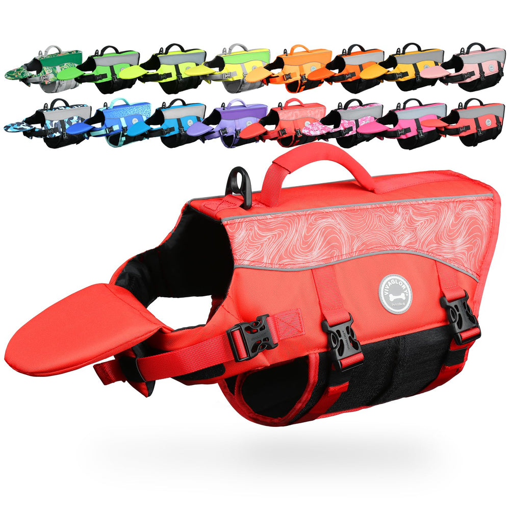 VIVAGLORY front float dog life vest in red showing neck support for confident swimming.
