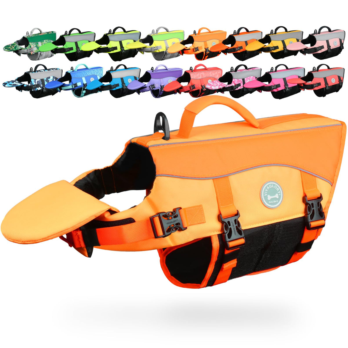 VIVAGLORY front float dog life vest with extended neck support for confident swimming.