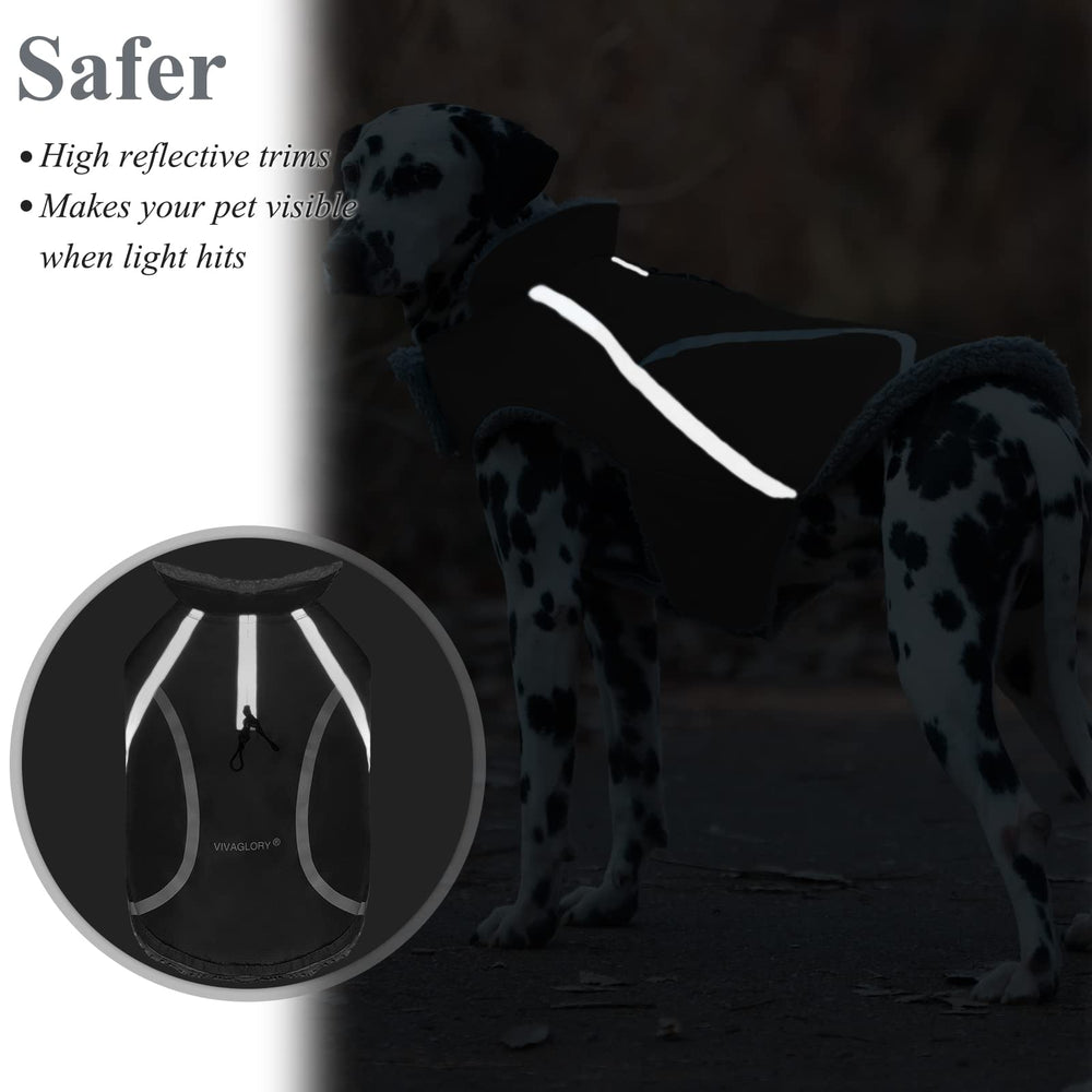 VIVAGLORY Frostfit dog coat adjustable belly strap for snug fit.