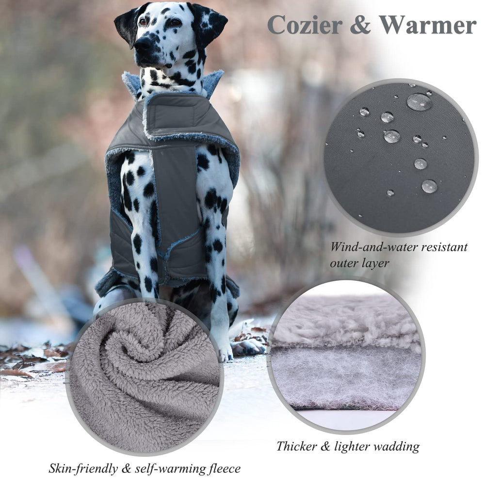 VIVAGLORY Frostfit dog coat reflective trims for visibility in low light.
