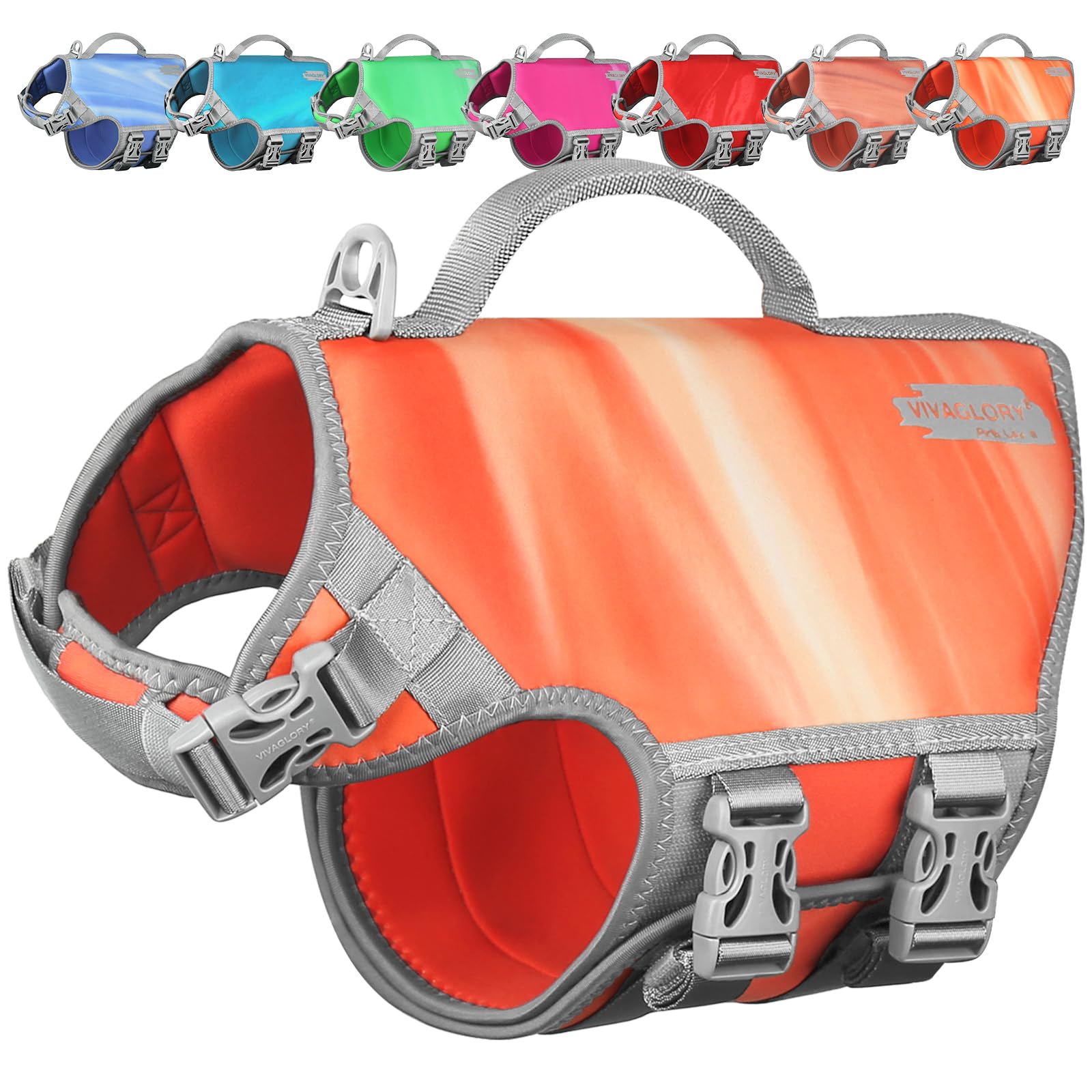 VIVAGLORY neoprene dog life vest outer closeup shows durable comfort for water adventures.