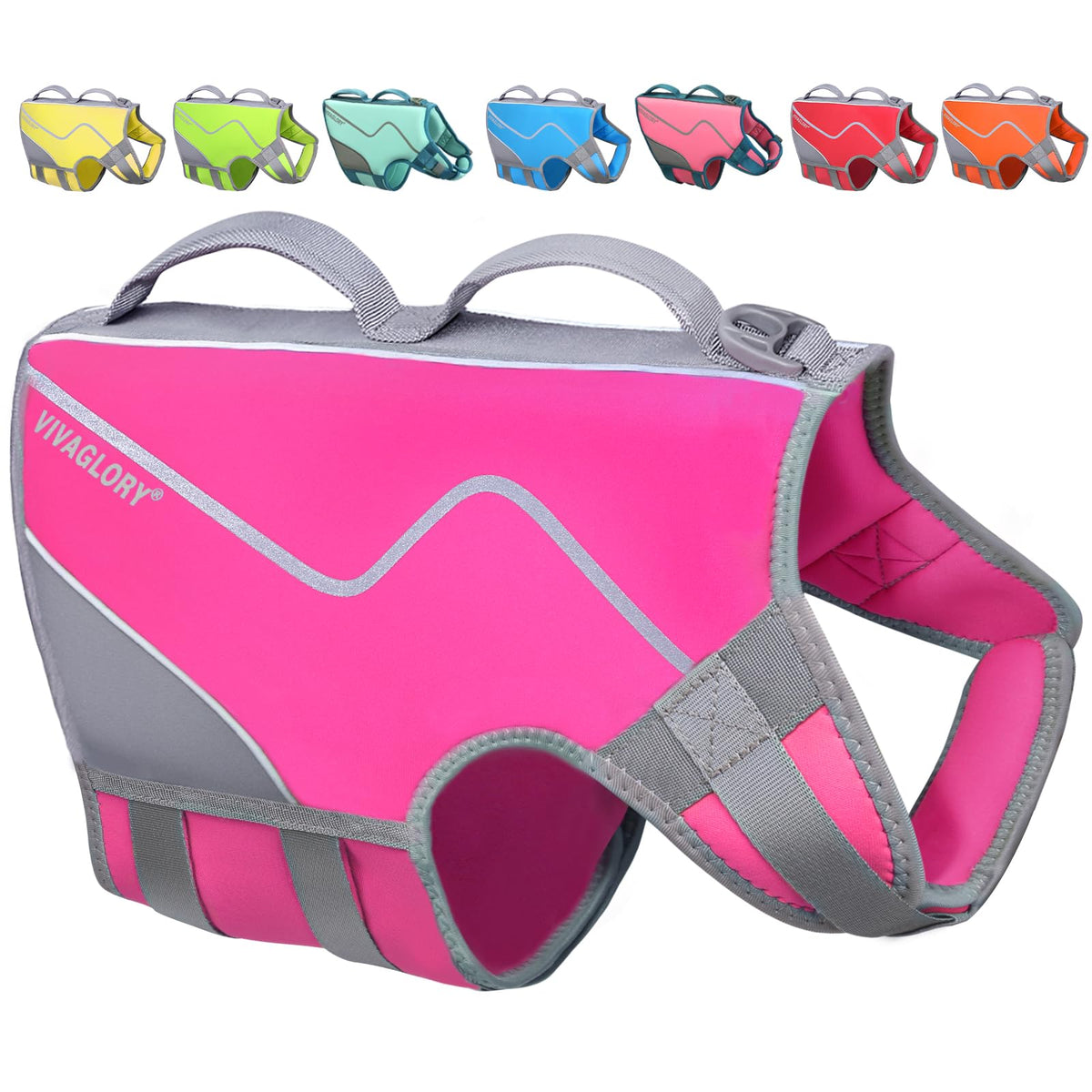 VIVAGLORY pink neoprene dog life vest front view for confident swimming
