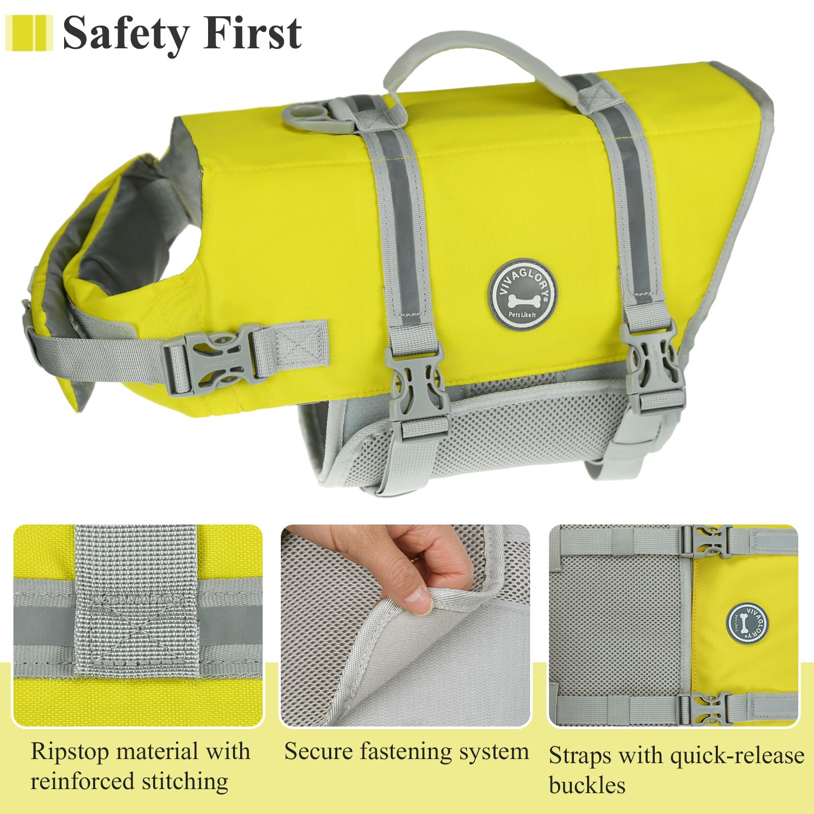VIVAGLORY Rip Stop Dog Life Vest adjustable straps demonstrate secure fit
