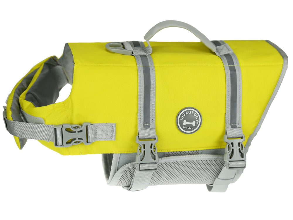 VIVAGLORY Rip Stop Dog Life Vest—bright yellow buoyancy with secure top handle.