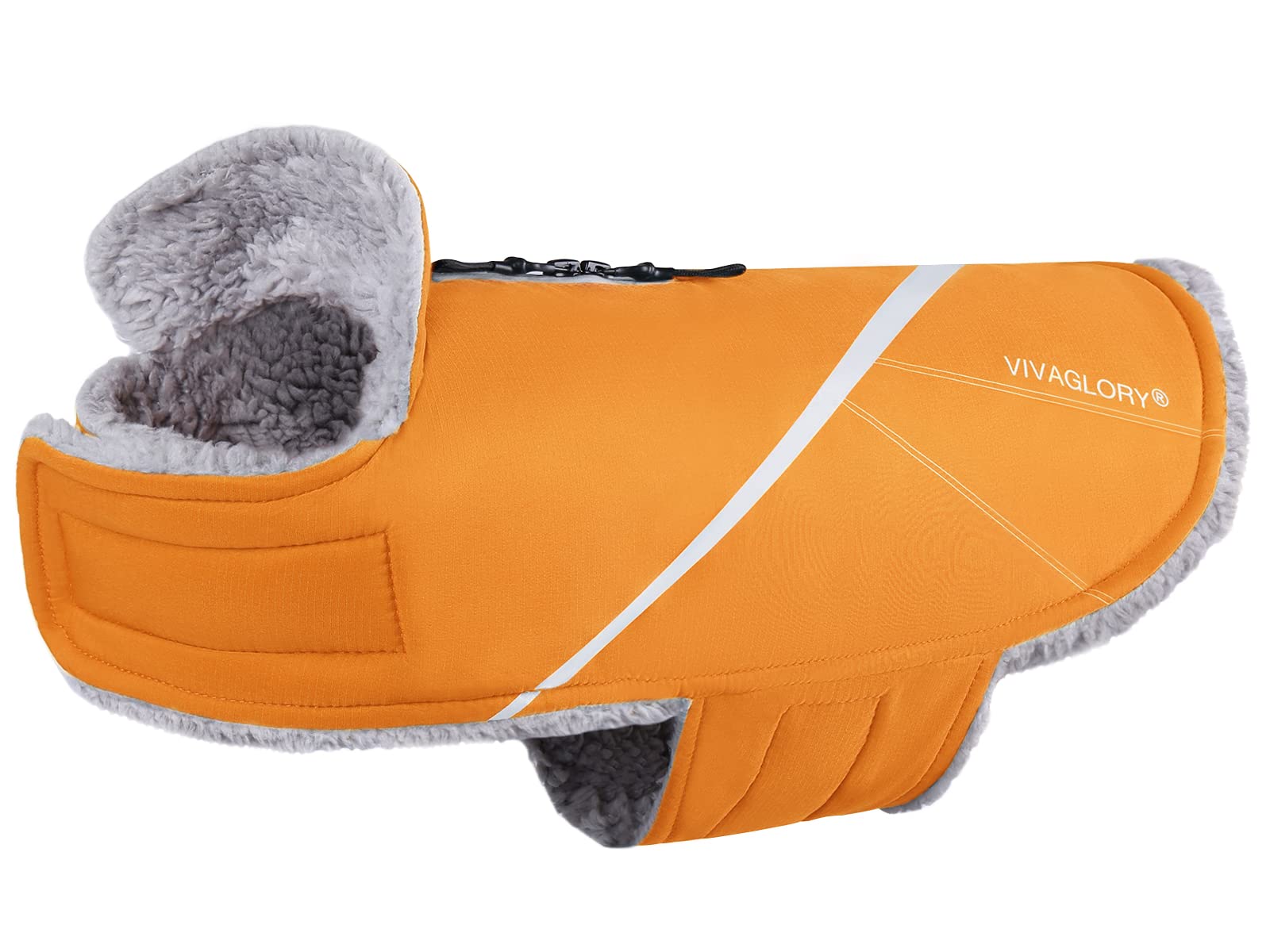 VIVAGLORY Snowrap dog coat front view with warm fleece lining.