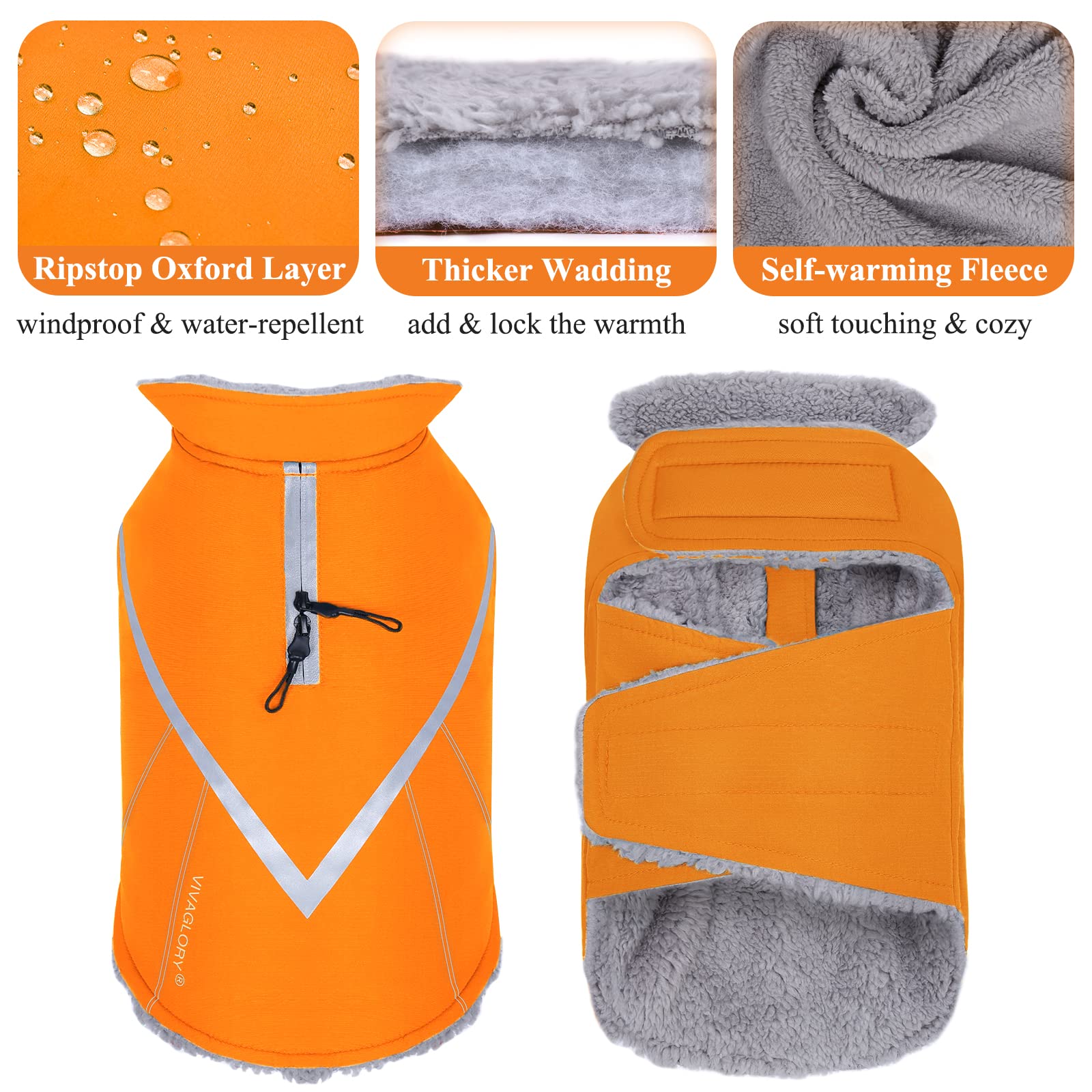 VIVAGLORY Snowrap dog coat harness hole detail for easy leash access.