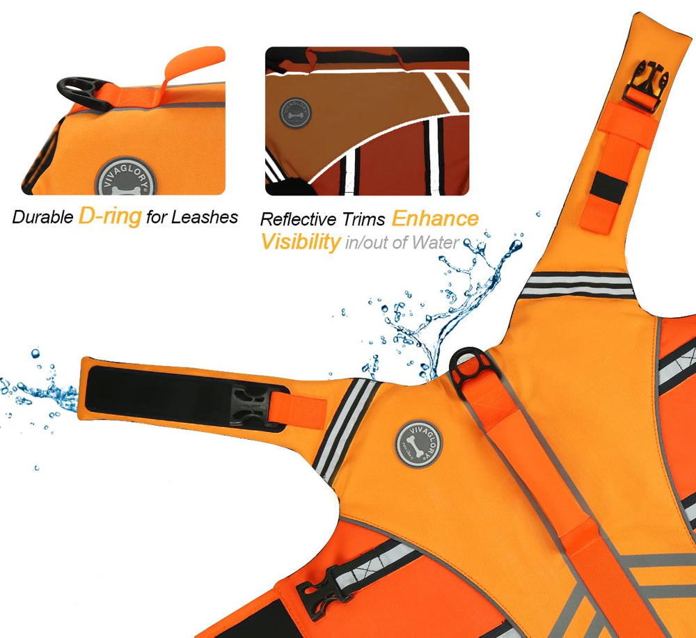VIVAGLORY sports style dog life vest adjusted belly-strap demonstrates quick secure fit and easy on-off.