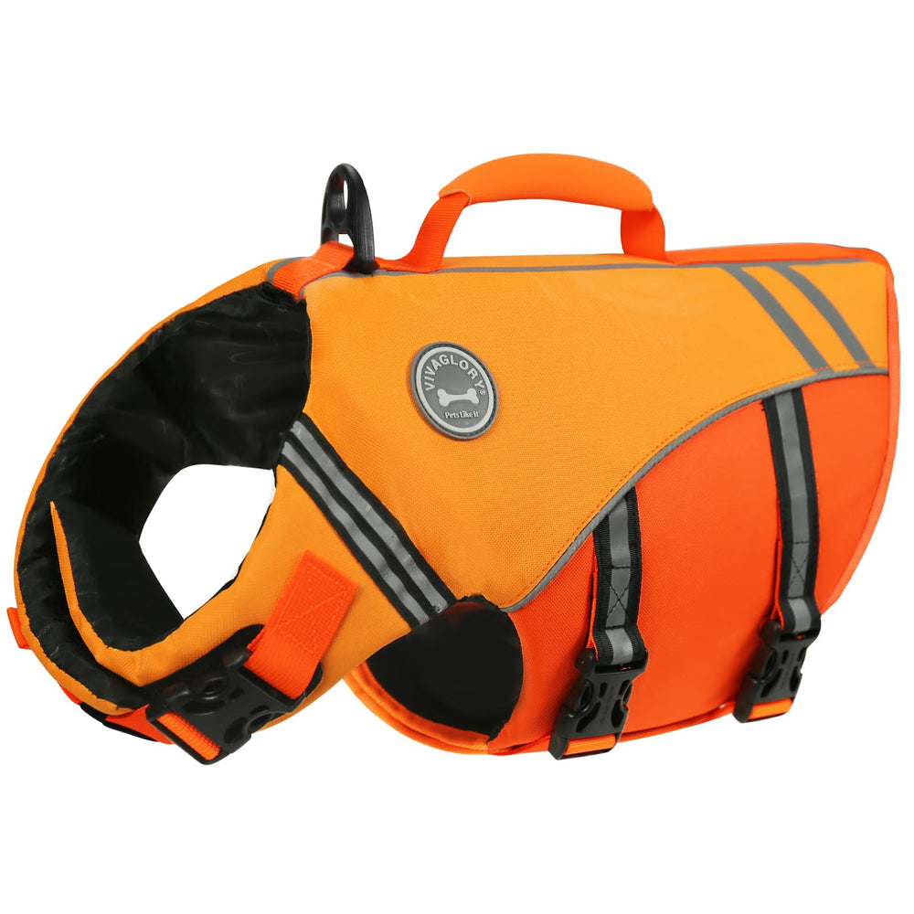 VIVAGLORY sports style dog life vest front view enables unrestricted movement during swimming and boating.