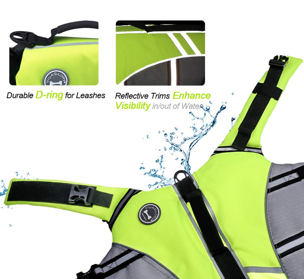 VIVAGLORY Sports Style Dog Life Vest with reflective strips for better visibility in low light.