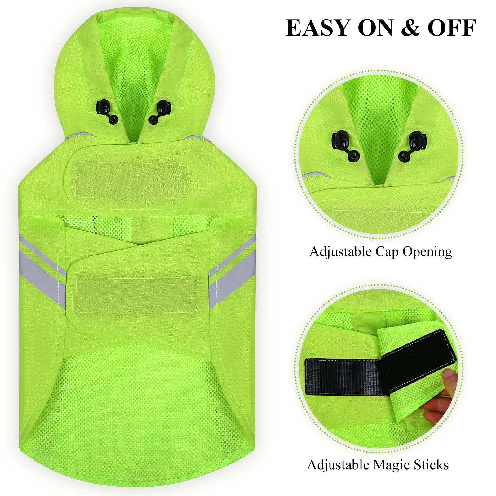 VIVAGLORY Wetoff raincoat leash hole demonstrates easy access to collar or harness