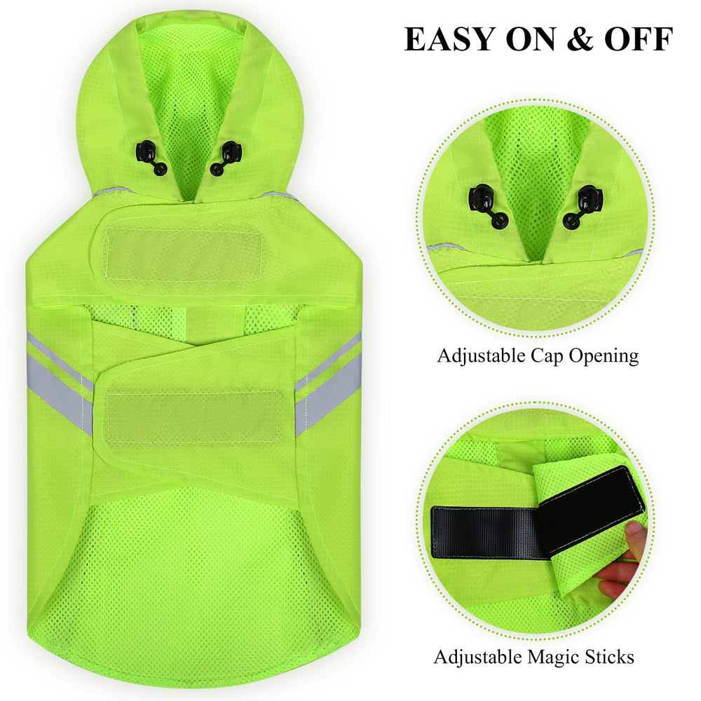 VIVAGLORY Wetoff raincoat leash hole demonstrates easy access to collar or harness