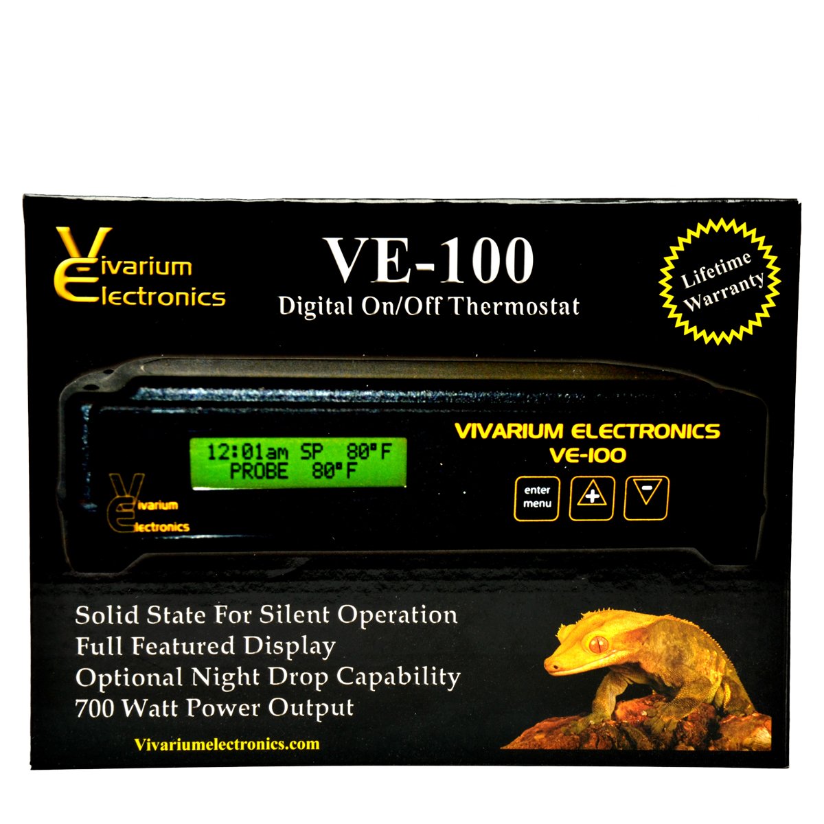 Vivarium Electronics VE-100 thermostat on tabletop with clear readout for easy temperature control.