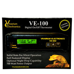 Vivarium Electronics VE-100 thermostat on tabletop with clear readout for easy temperature control.