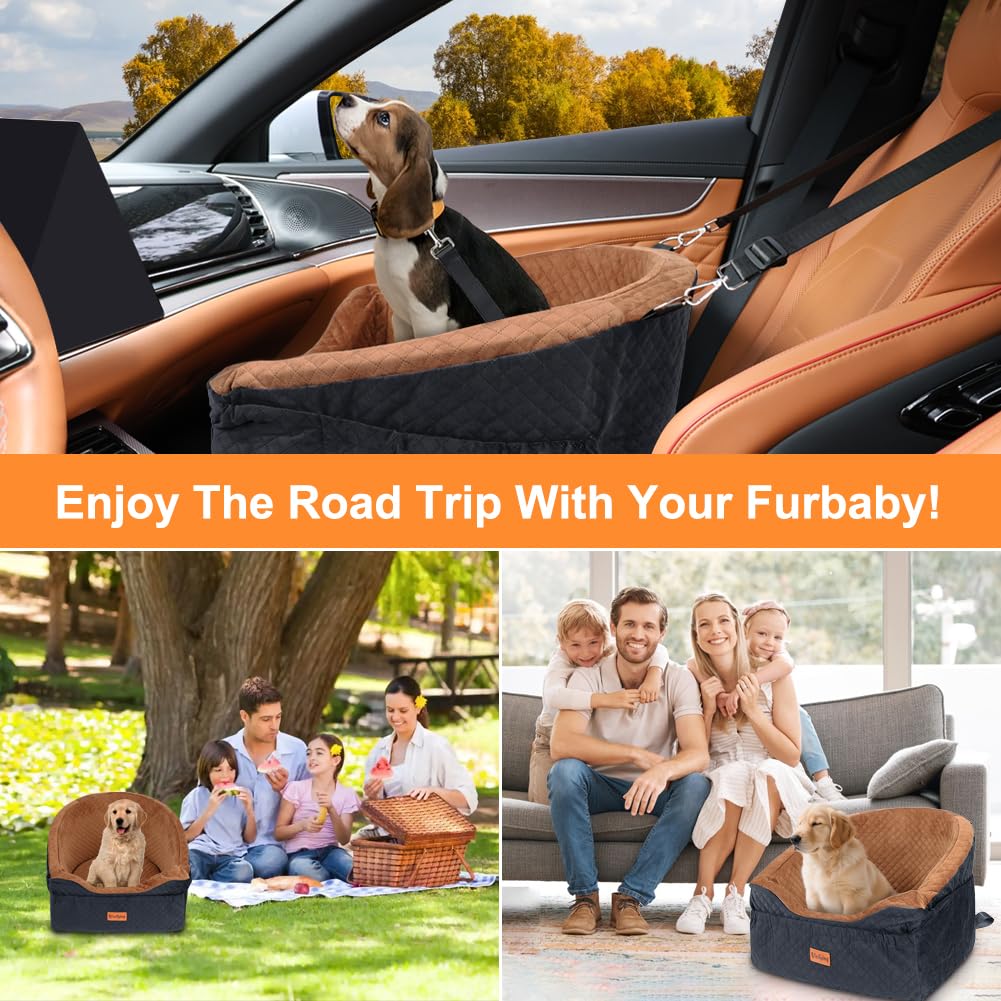 Vivifying dog car seat soft plush cushion; comfort over bumps.