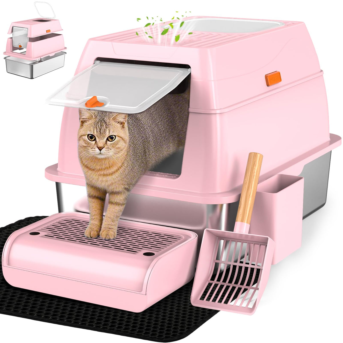 Vivifying litter box front-entry view highlights roomy space for big cats