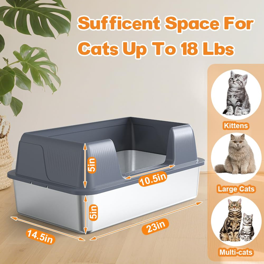Vivifying stainless-steel cat litter box side-entry door eases entry for cats.